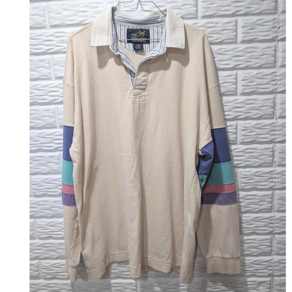 Vintage Lands End Rugby Shirt Mens Large Cream Multi Color Stripe Long Sleeve
